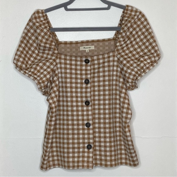 Madewell jacquard gingham square neck puff sleeve button up top - Picture 2 of 8